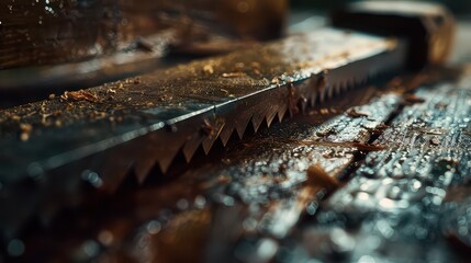 Craftsman's saw cutting through wood with stunning detail, capturing the essence of woodworking and the art of craftsmanship