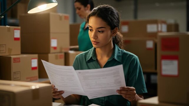 Woman reviewing documents in a warehouse full of boxes