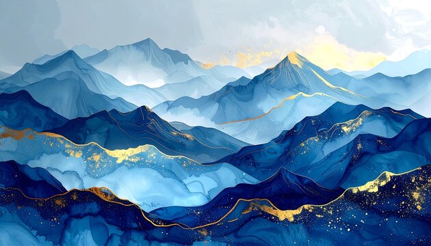 An abstract landscape showcasing layers of blue watercolor mountains adorned with touches of glistening gold, evoking serenity - Powered by Adobe