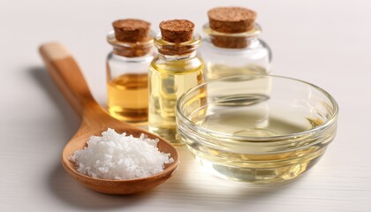 Health Benefits Of Liquid Coconut Mct Oil Presented In A Round Glass Bowl With Wooden Spoon And Bottles. Exploring Triglycerides.