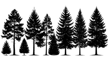 Silhouettes of various pine trees