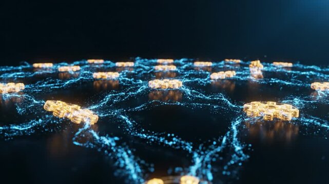Futuristic digital network visualization showcases glowing connections with vibrant blue and gold particles, creating captivating atmosphere of technology and data flow, evoking creativity