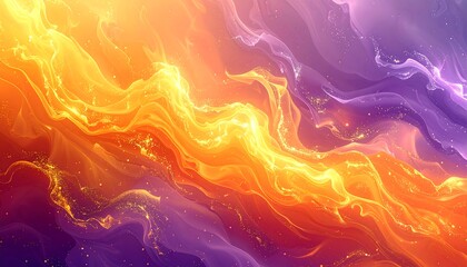 Abstract, vibrant artwork showcasing flowing, colorful smoke-like forms. Warm oranges transition to cool purples, suggesting energy and movement. Sparkles add a touch of magic