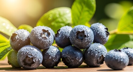 Fresh ripe organic blueberries with water drops on a wooden surface.