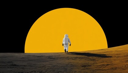 Astronaut Explores The Lunar Surface: Mission To The Moon With Space Man Walking Against A Giant Yellow Moon In The Background.