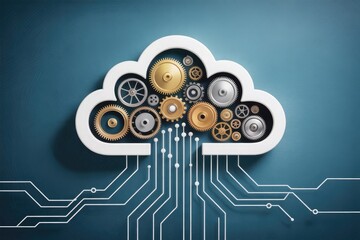 Cloud computing technology with gears and circuits connecting to digital network
