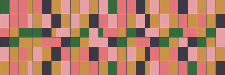 A seamless pattern of rectangular tiles in shades of pink green gold and dark gray arranged randomly creating a mosaic