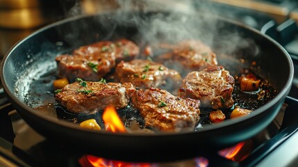 Seared lamb chops sizzle on a cast iron skillet over a roaring gas stove, releasing flavorful steam and aromatic herbs.