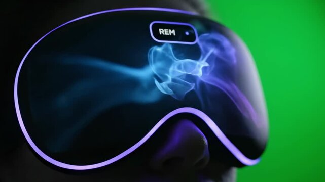 Futuristic sleep mask with a glowing edge and a "REM" display against a green background