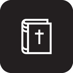 Clean white outline icon of a closed holy bible with a cross symbol on its cover minimalist religious symbolism for faith and spirituality isolated on transparent background