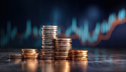 Finance Graph And Chart Combined With Coin Stack In Double Exposure For Business And Investment Purposes. A Perfect Image For Investors.