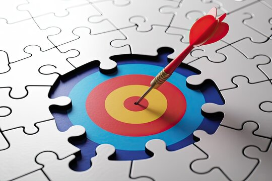 Dart hits center of target on puzzle pieces achieving business goals and success - Powered by Adobe
