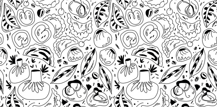 A seamless outline pattern for coloring with different types of dumplings, manti, and gedza