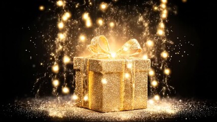 Luxurious golden glitter gift box with enchanting sparkling light and magical dust on a dark background, perfect for celebrations, holidays, and surprises.