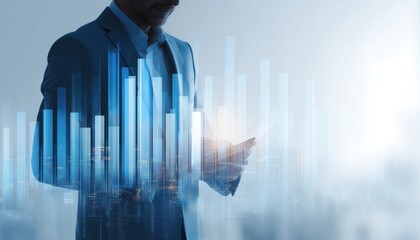 Financial Report Data Showing Business Operations With Balance Sheet, Income Statement, And Diagram In Fintech. Successful Businessman With Double Exposure Using Smart Phone And Digital Tablet.
