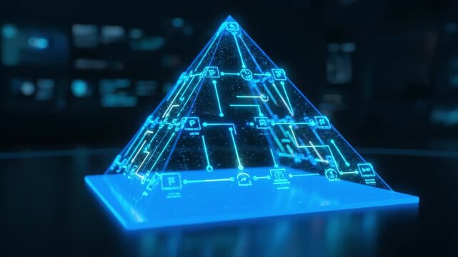 Futuristic Pyramid Structure Showcasing Glowing Blue Light and Intricate Digital Patterns, Symbolizing Innovation, Advanced Technology, and Data Connectivity in Holographic Design