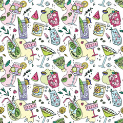 Colorful cocktail seamless pattern with summer drinks, fruits, ice cubes and tropical herbs.