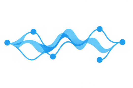 Data flow visualization displaying analytics, information, and statistics with connected lines and points on transparent background