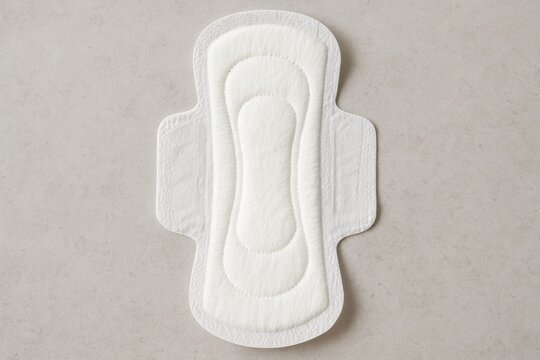 A single sanitary pad placed on a neutral surface, showcasing its absorbent design and soft texture for menstrual hygiene.