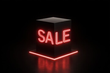 Red neon sale sign on a black cube for promotion and advertising concept