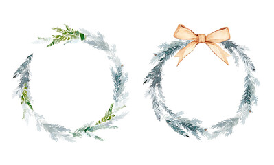 Watercolor Christmas wreath set with greenery and bow — holiday round frame for invitations and greeting cards