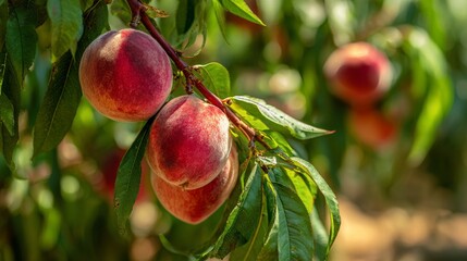 Close-up of ripe peaches on a branch, showcasing their fuzzy texture and vibrant colors against blurred greenery