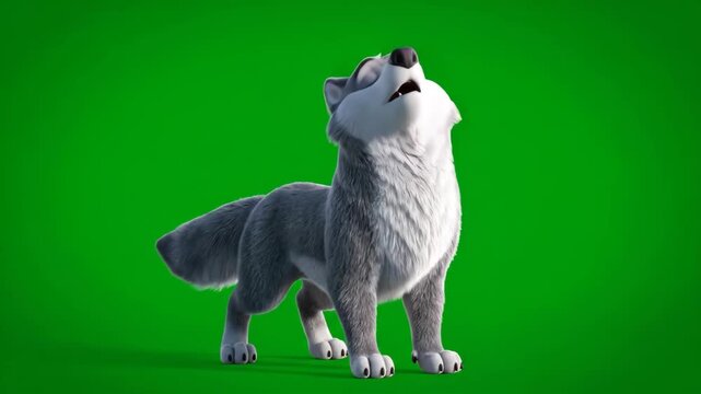 Animated wolf with grey and white fur howling against a vibrant green background.