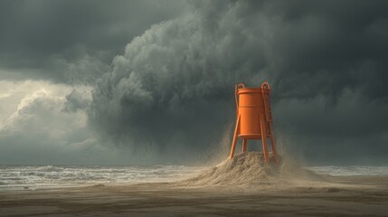 An orange lifeguard stand sits on a sandy dune, battered by a stormy ocean under a dark, dramatic sky