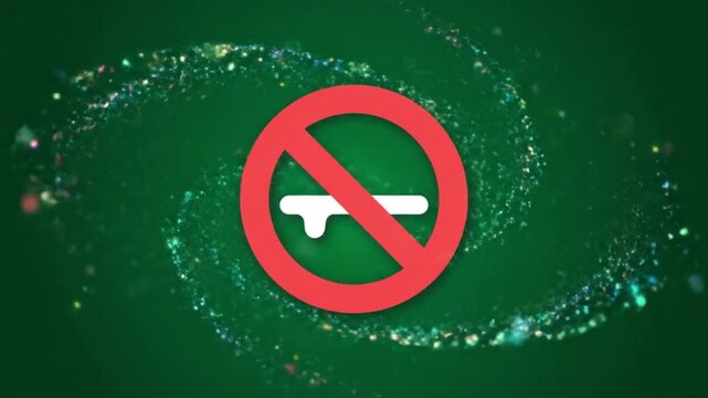 Prohibition sign indicating no spilling or leaking liquids, set against a swirling green background with scattered light particles, suggesting a warning about liquid hazards or restrictions