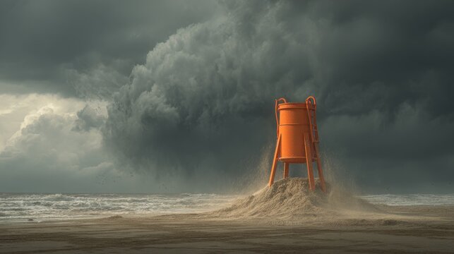 An orange lifeguard stand sits on a sandy dune, battered by a stormy ocean under a dark, dramatic sky