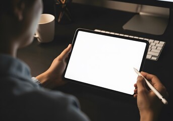 Person Using Stylus Pen on Blank Tablet Screen Mockup Digital Artist Drawing Design App