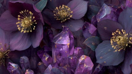 Luxurious seamless pattern of a magical cave with glowing amethyst crystals and dark purple hellebore flowers

