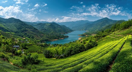 Naklejka premium Panoramic view of a tea plantation nestled in a valley with a lake and mountains