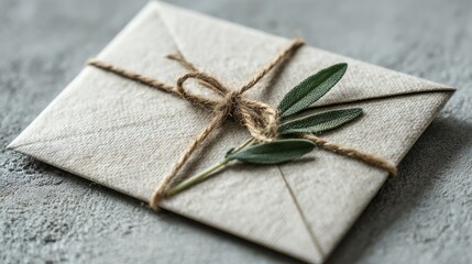A close-up of a beige envelope tied with twine and adorned with small green leaves, resting on a textured gray surface