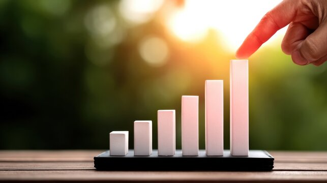 A hand is pointing at rising bar graphs on a smartphone, symbolizing growth, success, or financial progress against a blurred natural background.