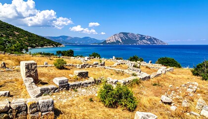 An ancient ruin of stone architecture overlooking a sparkling sea. The scenic landscape includes rolling hills and a distant island under a blue sky
