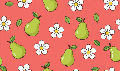 Seamless Green Pear and White Flower Pattern. Repeating Summer Fruit and Blossom Background on Coral Pink, Cute Food Illustration for Fabric and Wallpaper.