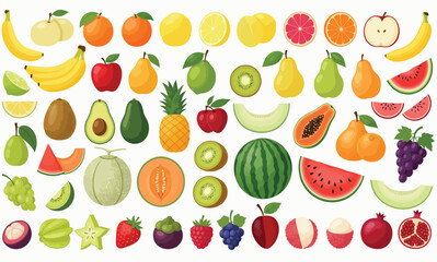 Huge Collection of Tropical Fruits. Variety of Fresh Organic Food, Healthy Eating Icons, Mix of Berries, Citrus, Melon, and Exotic Ingredients.