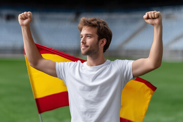 Enthusiastic Man Holding National Flag with Raised Fists Outdoors