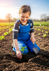 Young gardener is planting a seedling while smiling