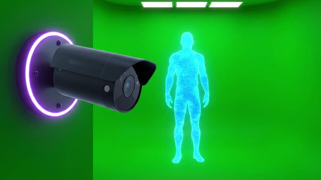 A security camera surveils a glowing human form within a green room, illuminated