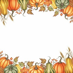 Fototapeta premium Watercolor Autumn Harvest Border with Pumpkins, Gourds, Leaves and Wheat