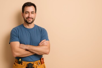Smiling handyman with a tool belt and arms crossed. A friendly and confident professional ready for home repair. Yellow background with copy space.