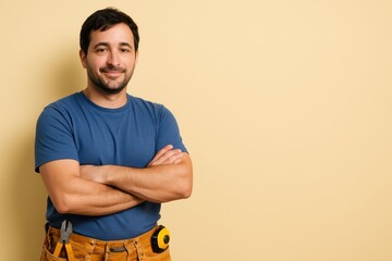 Smiling handyman with a tool belt and arms crossed. A friendly and confident professional ready for home repair. Yellow background with copy space.