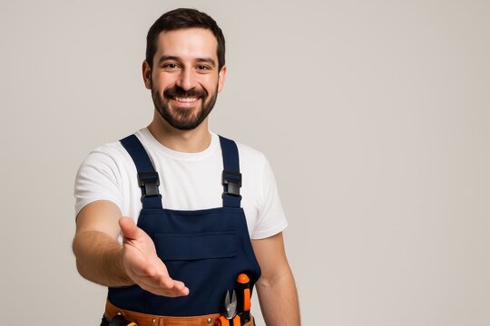 Friendly handyman in overalls offering a handshake. A welcoming professional ready for a partnership or repair service. Grey background with copy space.