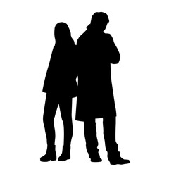 Man and woman, couple, vector silhouettes of standing business people, profile and back view, black color isolated on white background