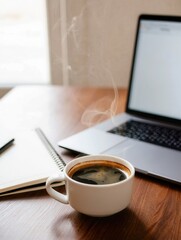 A steaming cup of coffee sits next to a laptop and an open notebook on a wooden table, creating a cozy workspace atmosphere.