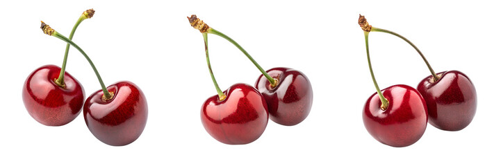 Set of two ripe red cherry isolated on a transparent background