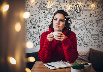 Young woman with thoughtful expression in cozy cafe, wearing red sweater, surrounded by whimsical doodles, reflecting on ideas and dreams in a creative atmosphere.png
