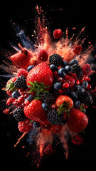 Berry explosion on a black background. Whole berries and their pieces fly in different directions. Bright juicy berry background. Strawberries, blueberries, raspberries and blackberries